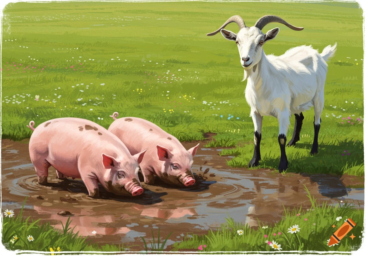 Two pink pigs wallowing in mud next to a white goat standing in a grassy field, in an illustrative style.