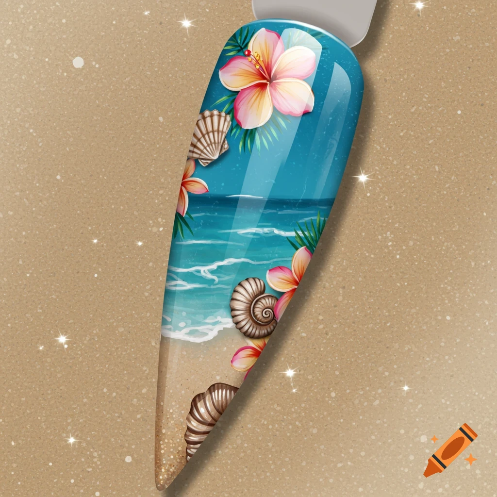 A stiletto false nail featuring a detailed beach and ocean scene with hibiscus flowers and seashells.