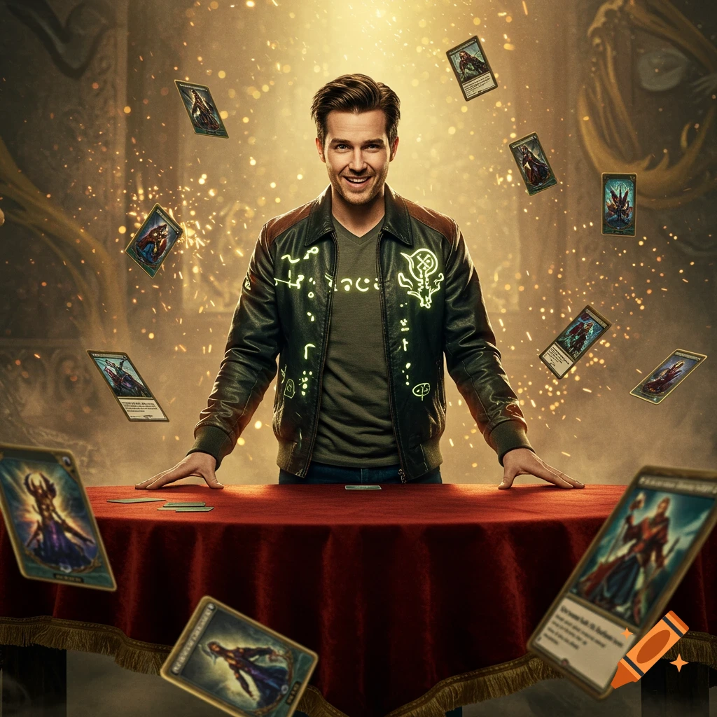 A man in a glowing symbol-covered leather jacket stands behind a red table, smiling as fantasy cards float around him in a magical, golden light.