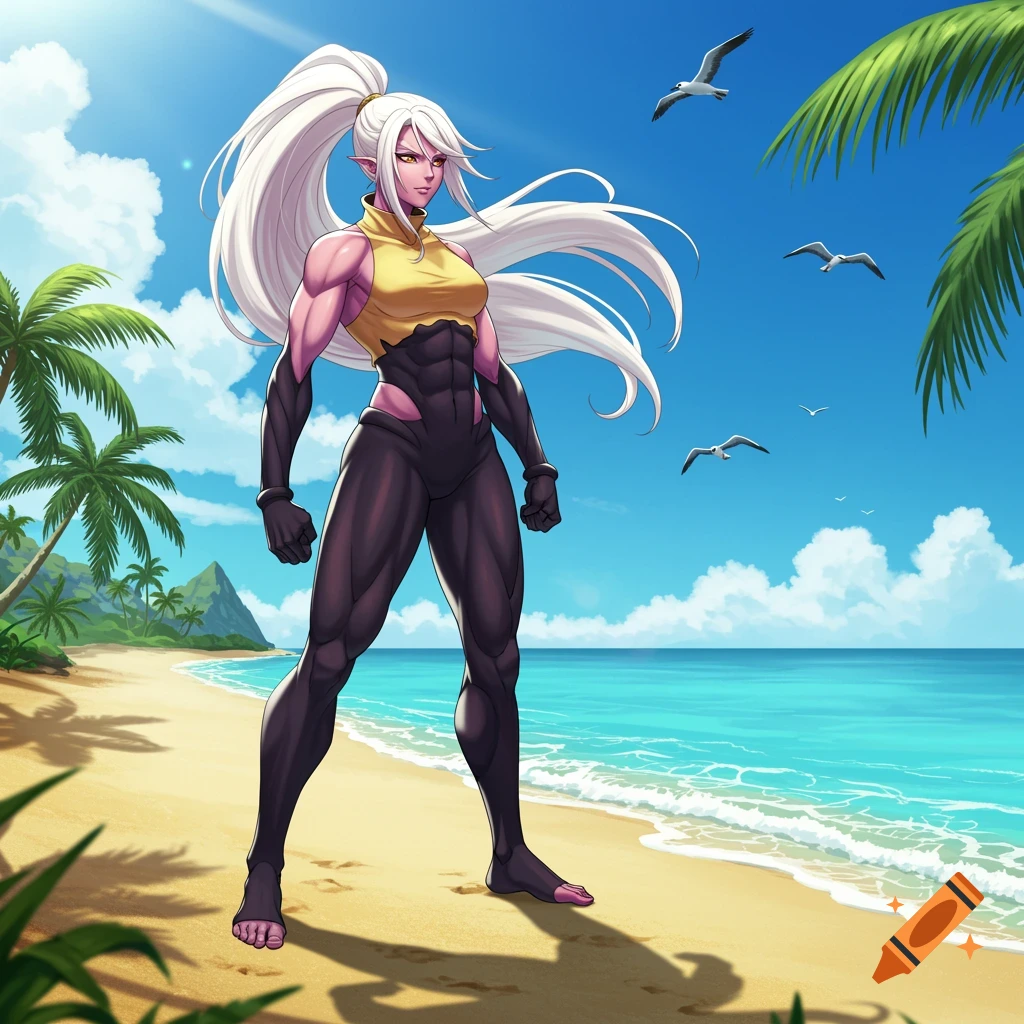 Anime character Noi from Dorohedoro stands on a sunny beach with palm trees and the ocean in the background.