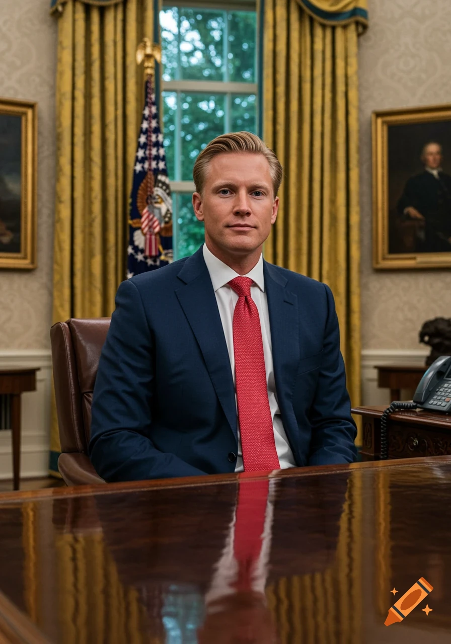 A fair-haired man in a navy suit and red tie sits at a large wooden desk in a richly decorated office, resembling the Oval Office.