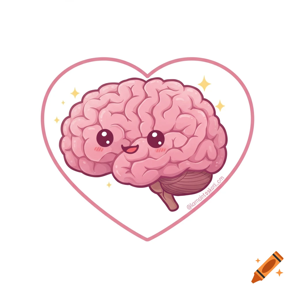 A cute, kawaii-style pink cartoon brain with a happy face inside a pink heart outline.