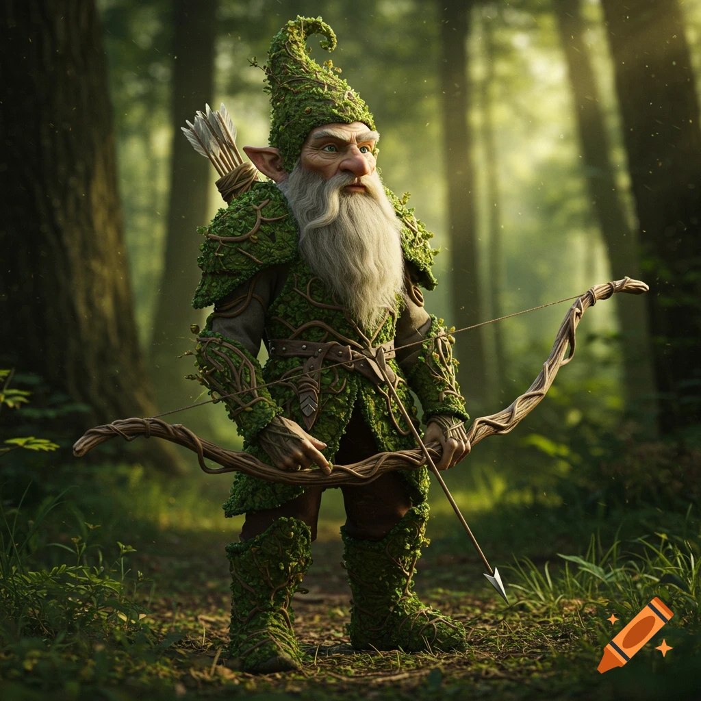 A gnome warrior in leafy green armor stands in a sunlit forest, holding a wooden bow.