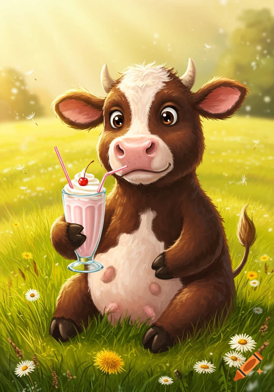 A cute cartoon brown and white cow sits in a sunny green field, holding a pink milkshake with whipped cream and a cherry.