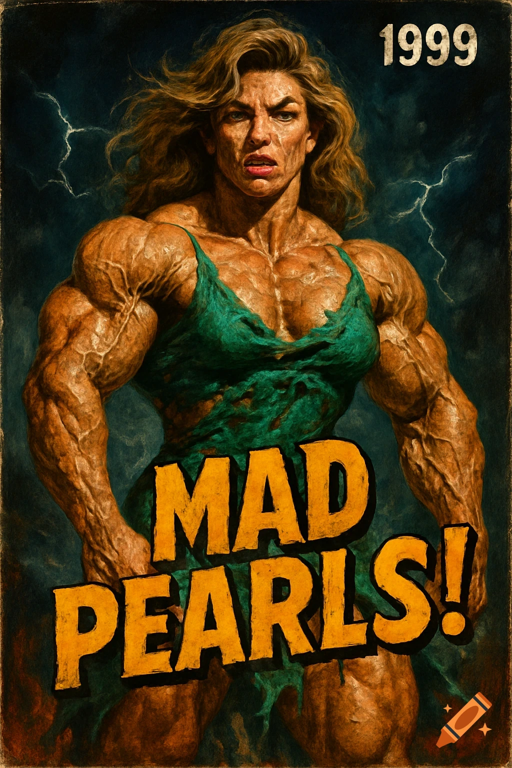 A vintage horror movie poster for "MAD PEARLS!" from 1999, featuring a highly muscular female bodybuilder in a ripped green dress against a stormy background.