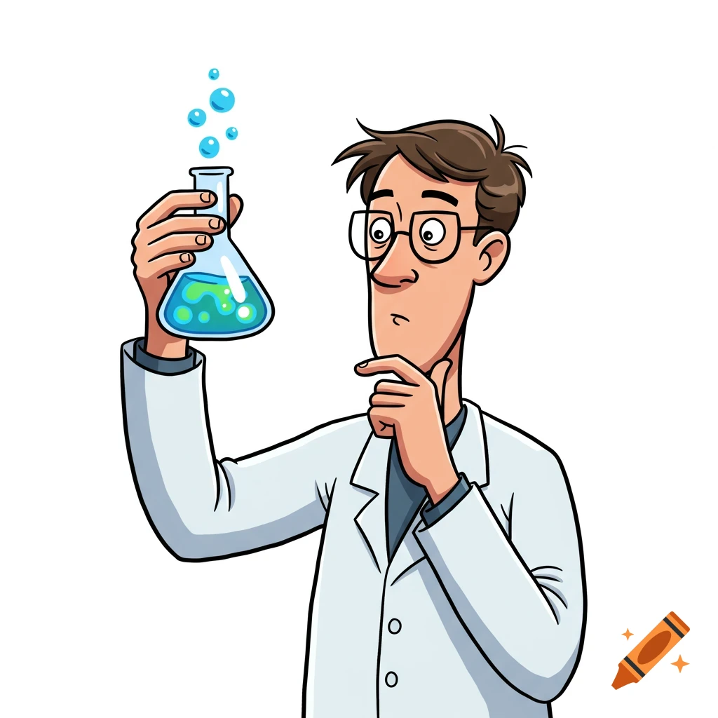 A cartoon male scientist in a lab coat holds a bubbling flask and looks at it thoughtfully, on a white background.
