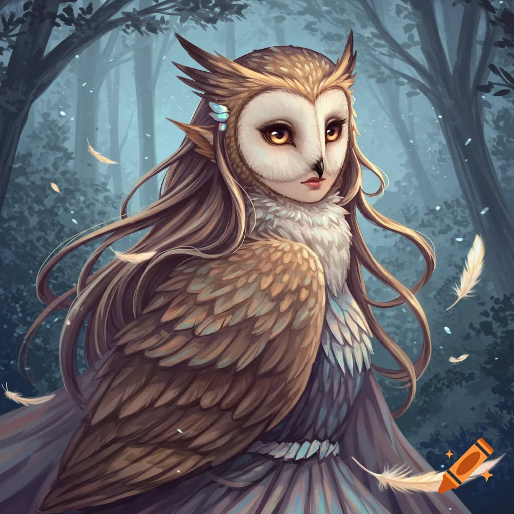 A fantasy illustration of an owl-like woman with long hair and feathered wings, standing in a dark forest.