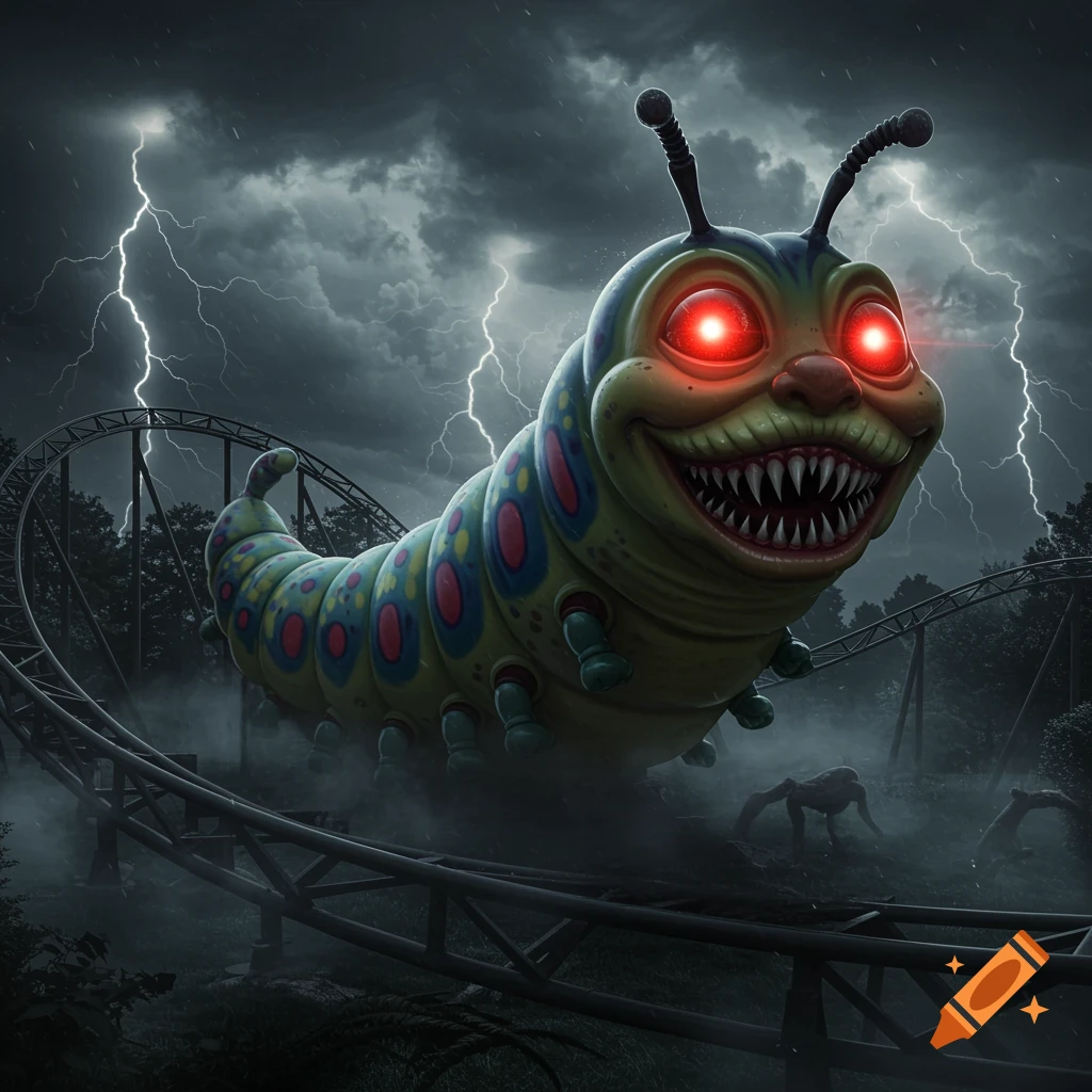 A giant, creepy caterpillar with glowing red eyes and sharp teeth on a rollercoaster track under a stormy, lightning-filled sky.