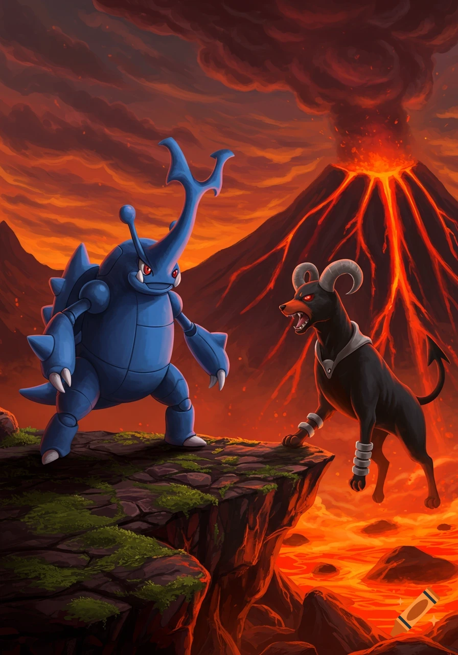 Heracross and Houndoom face each other on a cliff above lava with an erupting volcano in the background, digital art.