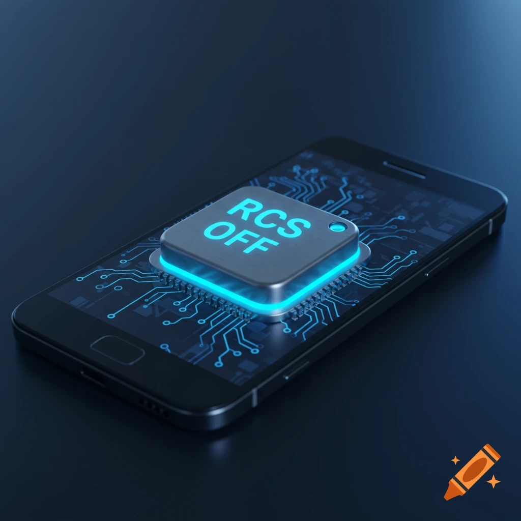 A smartphone with a large, glowing blue chip on its screen displaying "RCS OFF" text and circuit patterns.