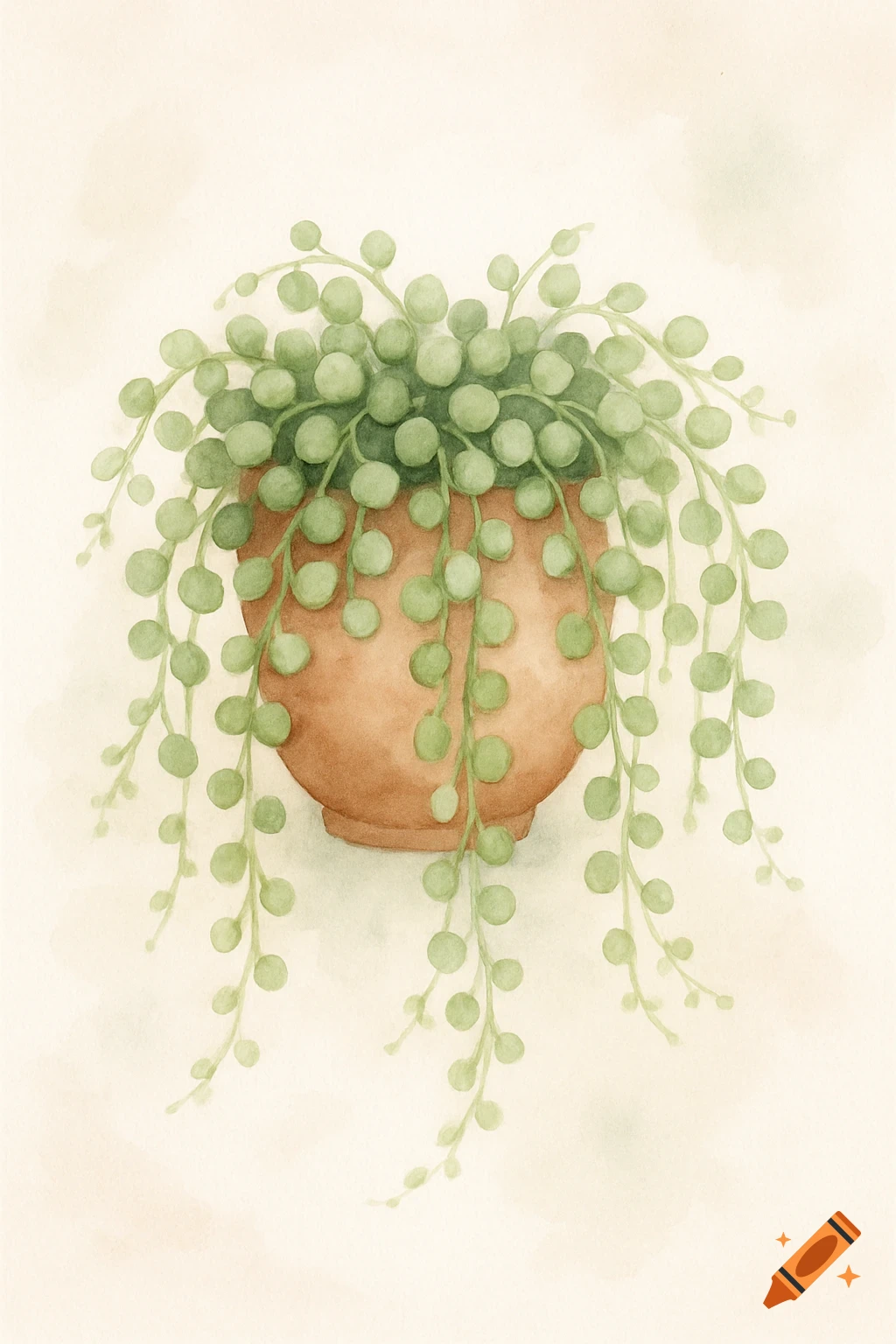 A watercolor painting of a potted string of pearls plant with green, round leaves trailing from a brown pot.