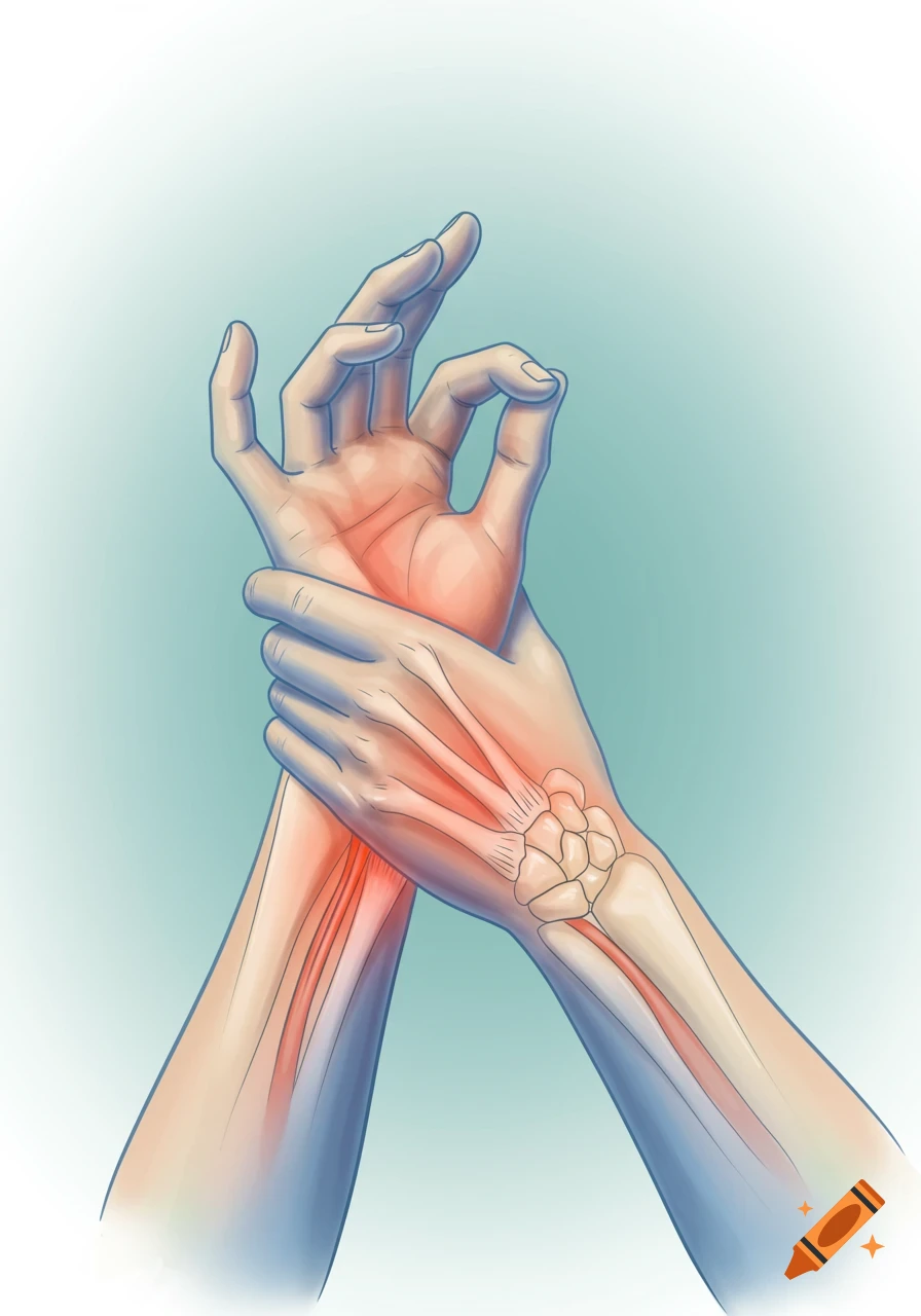 Medical illustration of hands, one holding the other's wrist, showing bones and inflamed areas, depicting carpal tunnel syndrome.