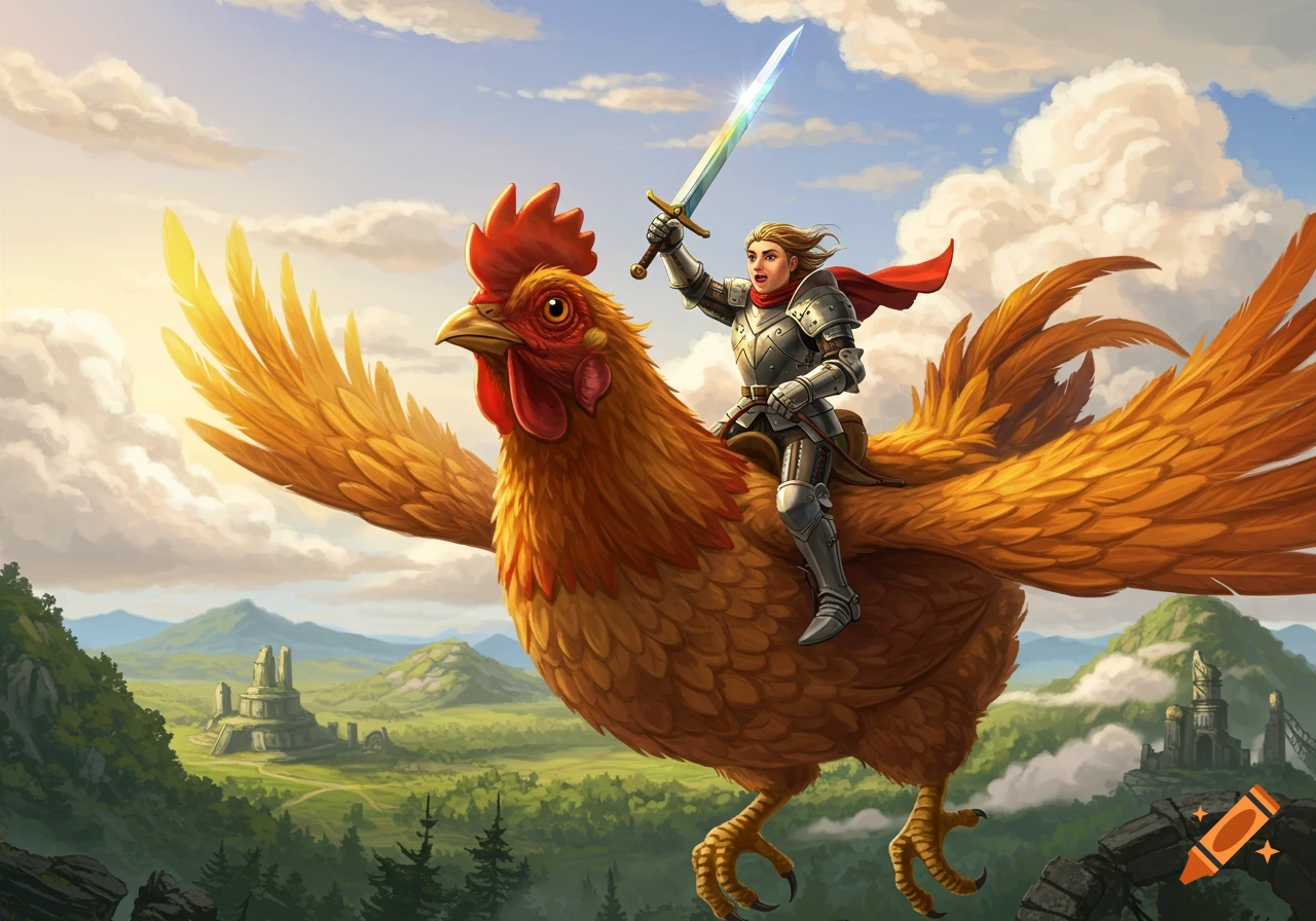A valiant warrior in shining armor rides a giant flying chicken across a fantasy landscape, brandishing a sword.