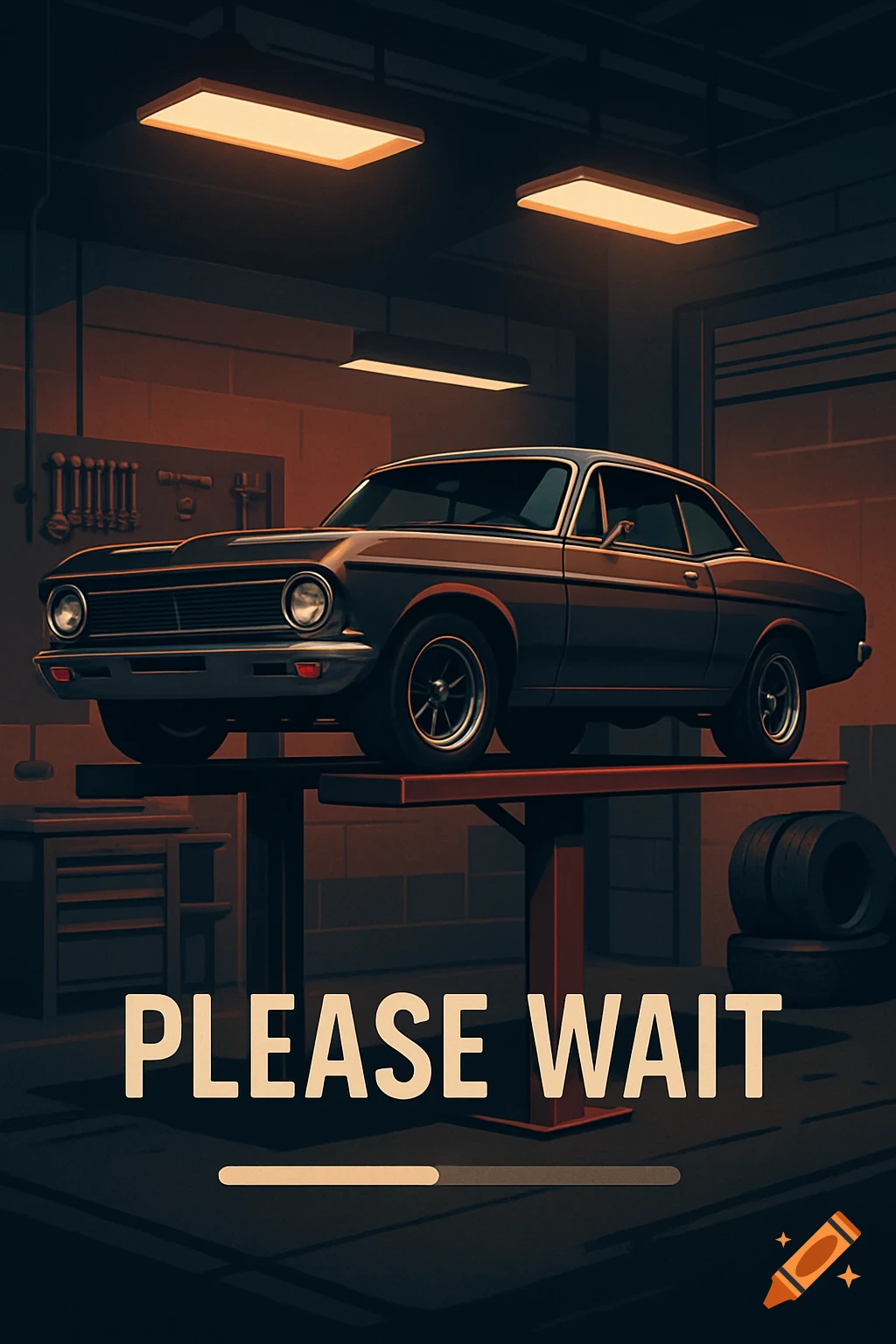 A classic car on a lift in a dimly lit auto shop, with 'PLEASE WAIT' text at the bottom. Stylized digital art.