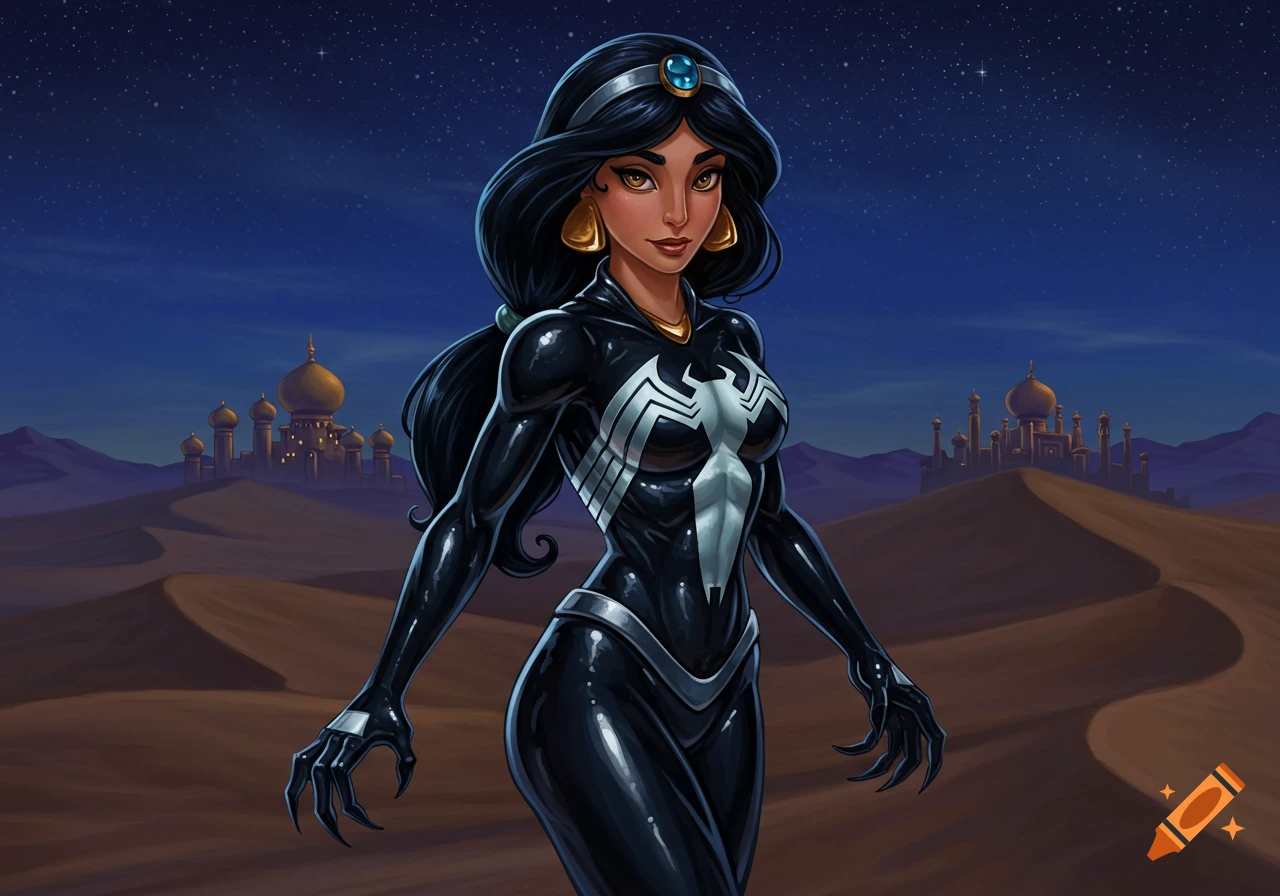 Illustration of Princess Jasmine in a shiny black Venom suit, standing in a desert with a palace under a starry night sky.