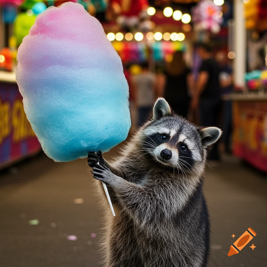 A photorealistic raccoon holds a large, pink and blue cotton candy at a blurred carnival or fairground.