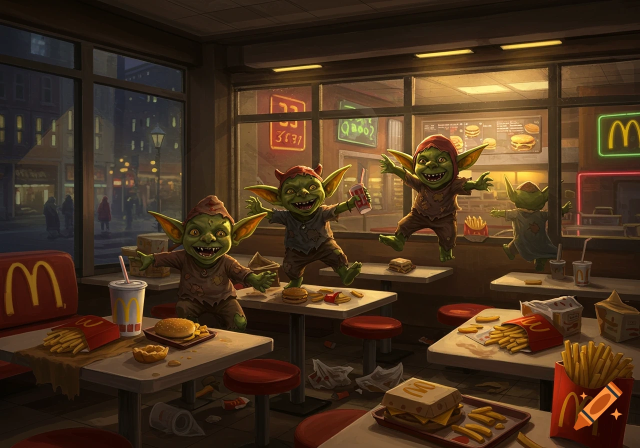 Four mischievous green goblins wreak havoc inside a brightly lit McDonald's restaurant, surrounded by scattered fast food.