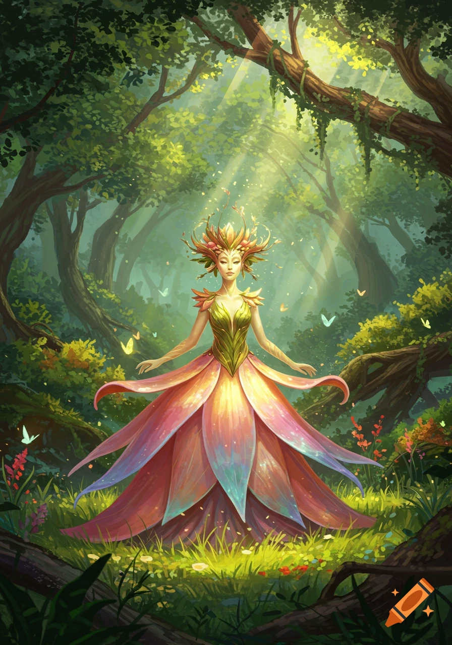 A vibrant fantasy illustration of a flower spirit standing serenely in an enchanted forest with sun rays.