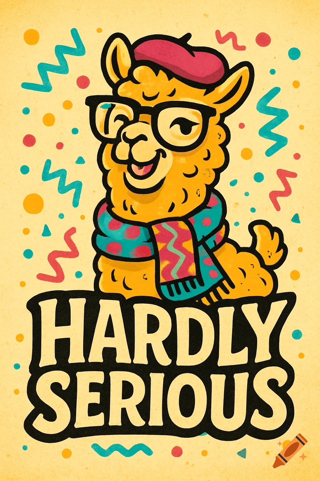 Cartoon illustration of a smiling yellow llama with glasses, a red beret, and a scarf, with the text 'HARDLY SERIOUS'.