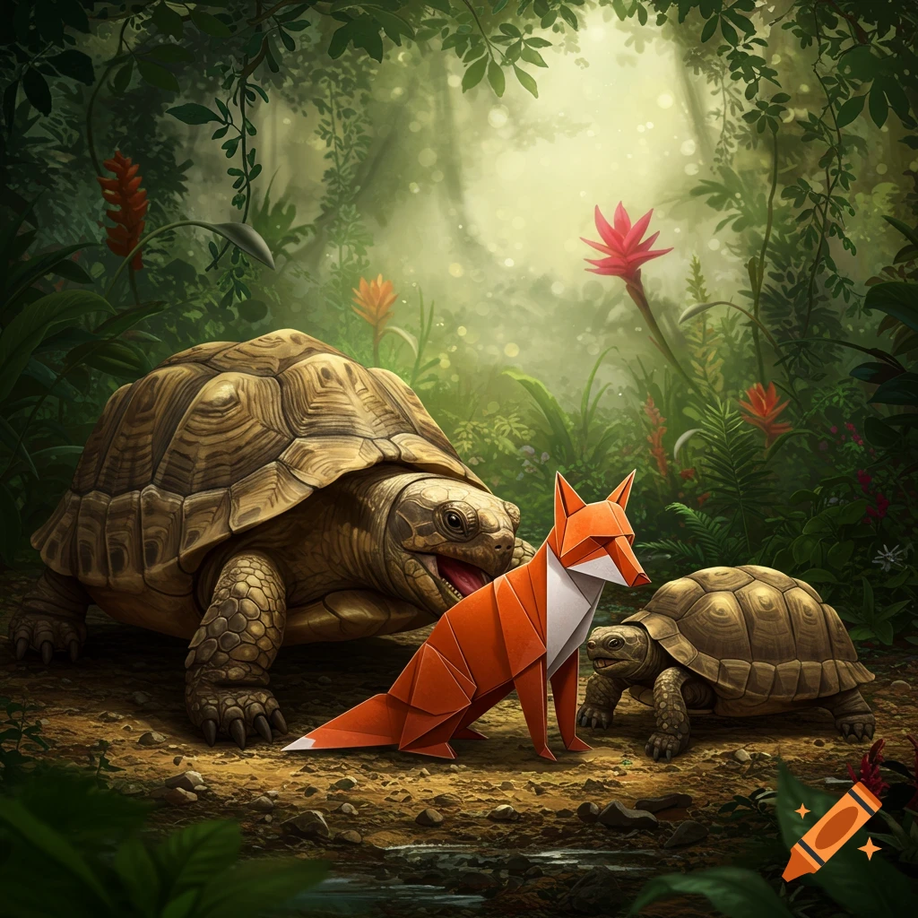 A large turtle with an open mouth stands over an orange and white origami fox in a lush jungle, with a smaller turtle behind the fox.