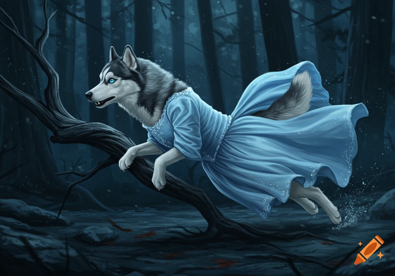 A Siberian Husky in a light blue princess gown jumps over a twisted tree branch in a dark, snowy forest, depicted in a digital painting style.