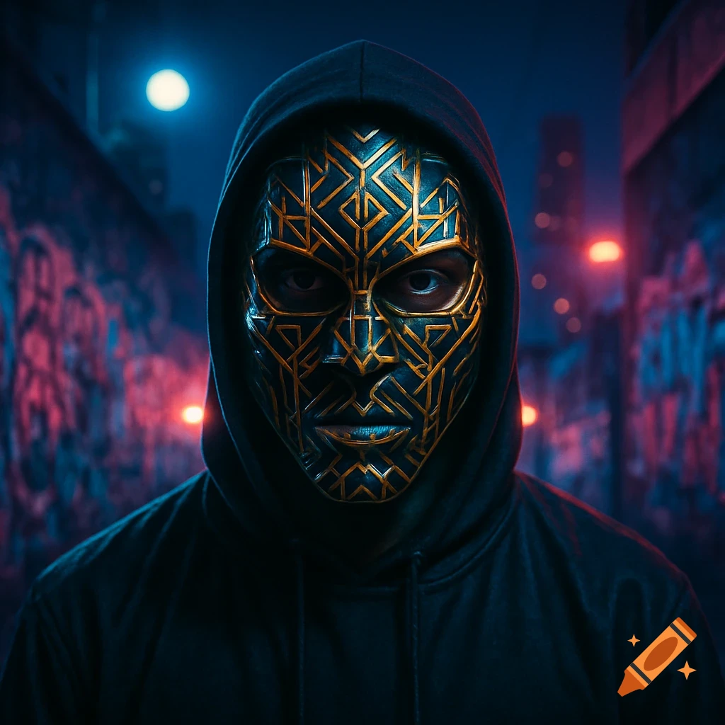 A person wearing a black hoodie and a futuristic gold and black mask stands in a dark, graffiti-covered urban alleyway at night, illuminated by neon lights.