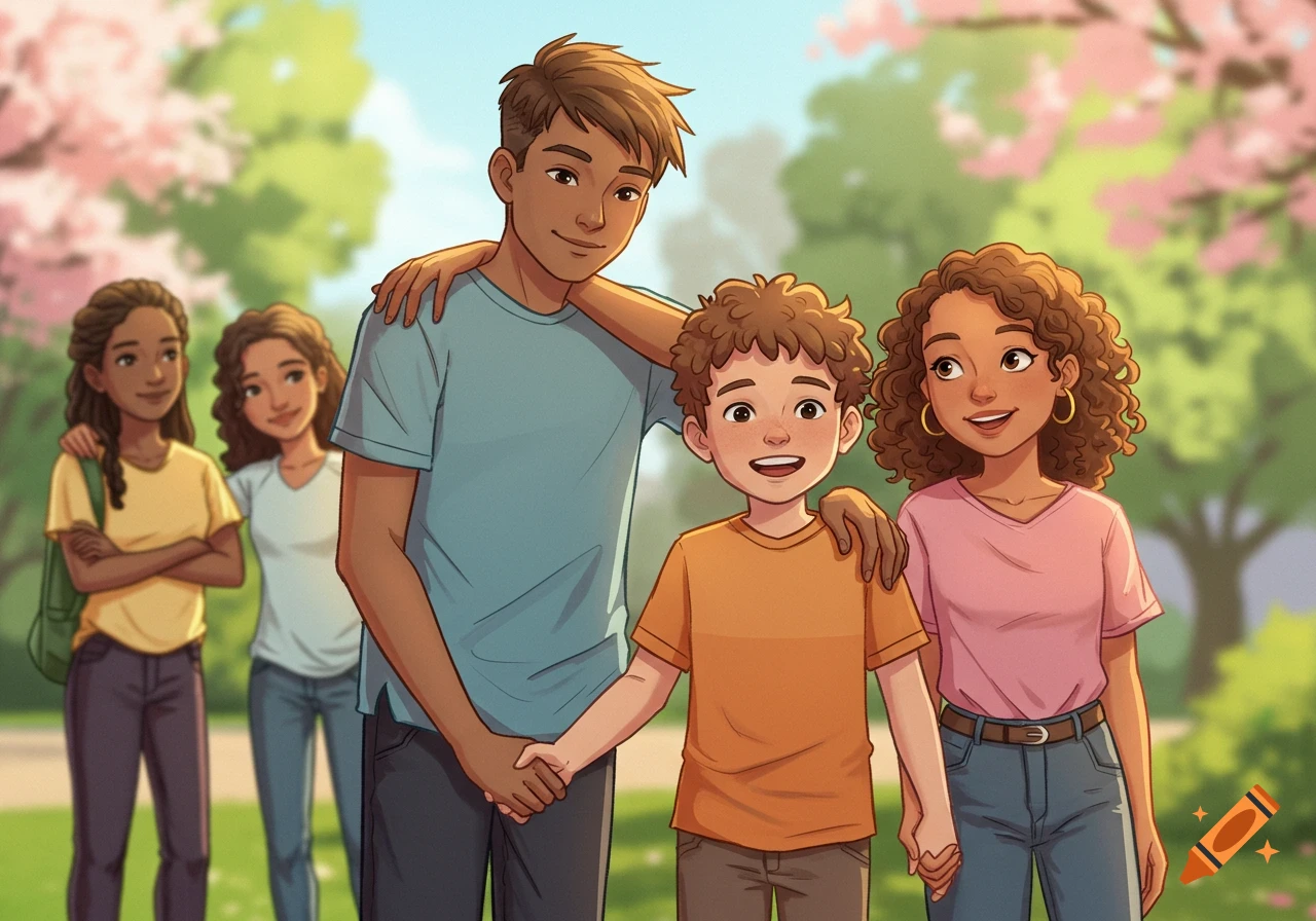 Cartoon illustration of a diverse group of children and teenagers standing in a park, some holding hands.