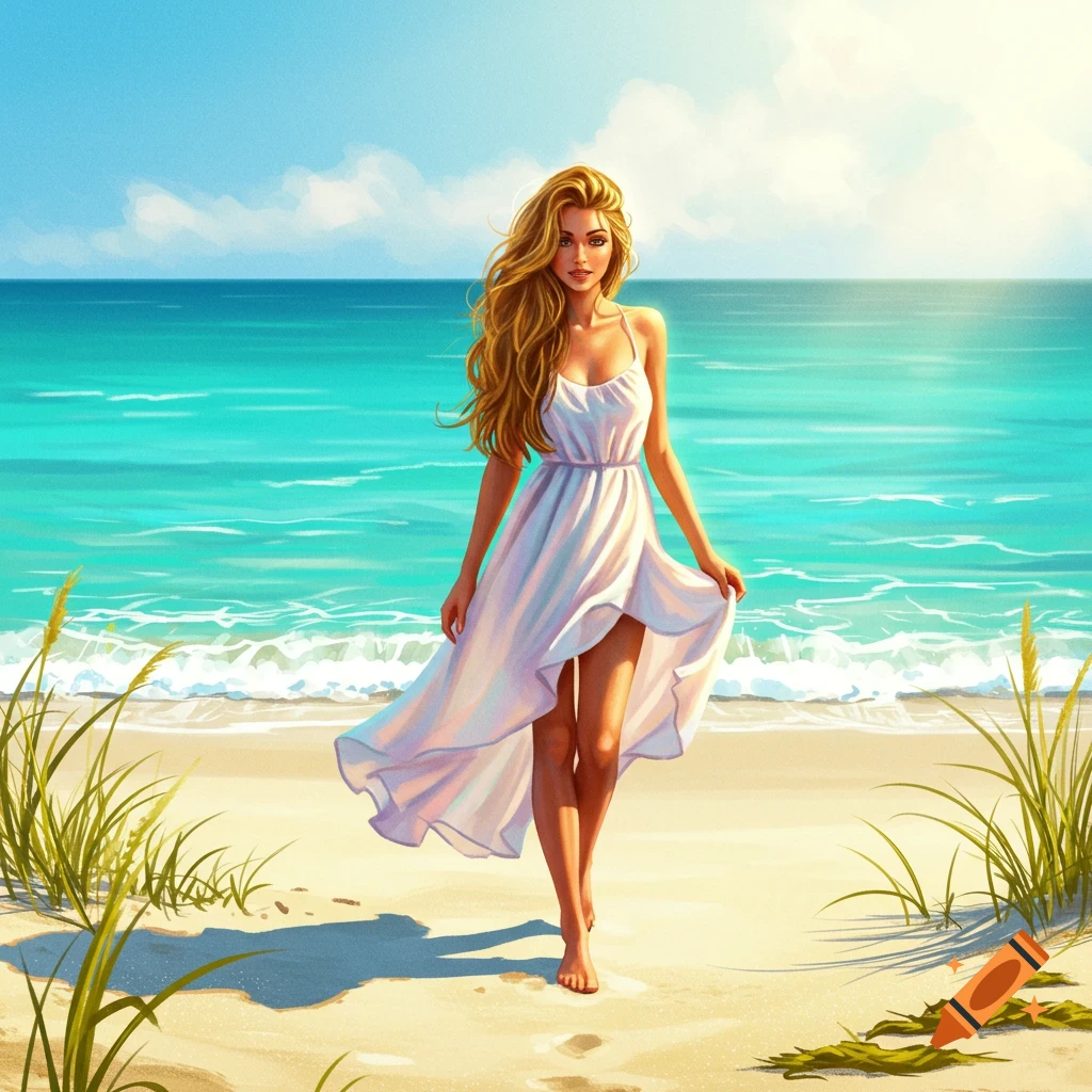 Vibrant illustration of a beautiful woman with long blonde hair in a white dress walking on a sandy beach by a turquoise ocean.