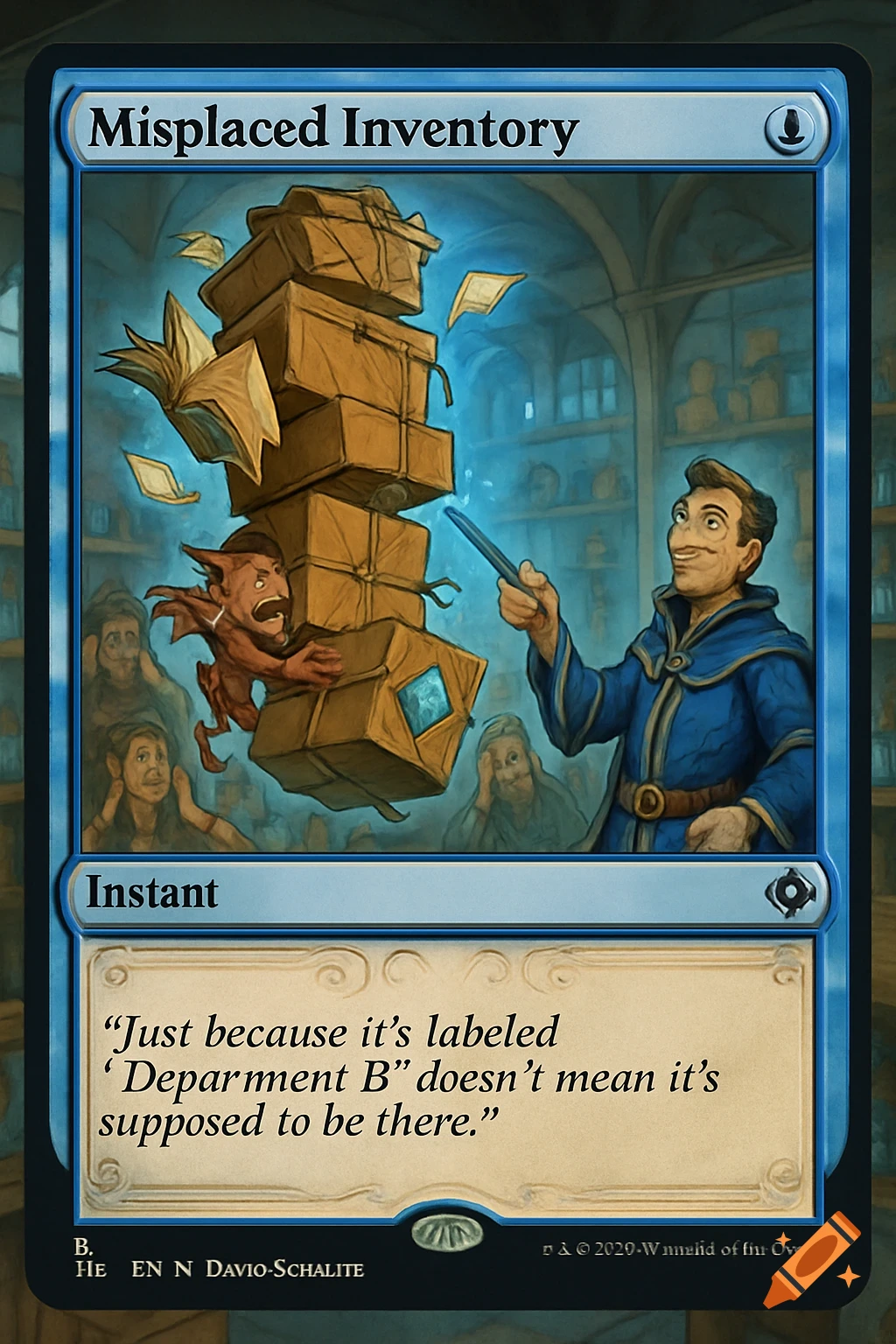 A blue Magic: The Gathering card titled 'Misplaced Inventory' depicts a wizard in blue robes pointing a wand at a precarious stack of boxes. A small, red, goblin-like creature clings to one of the falling boxes, while several wide-eyed, shocked onlookers are in the background.