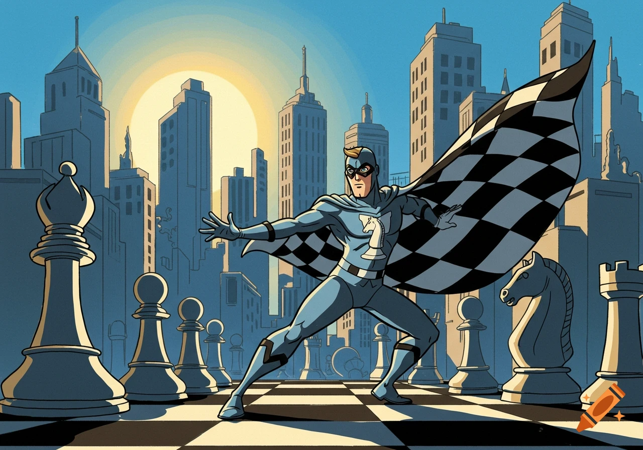 Cartoon superhero in a grey suit and checkerboard cape poses on a giant chessboard in a city at sunrise.