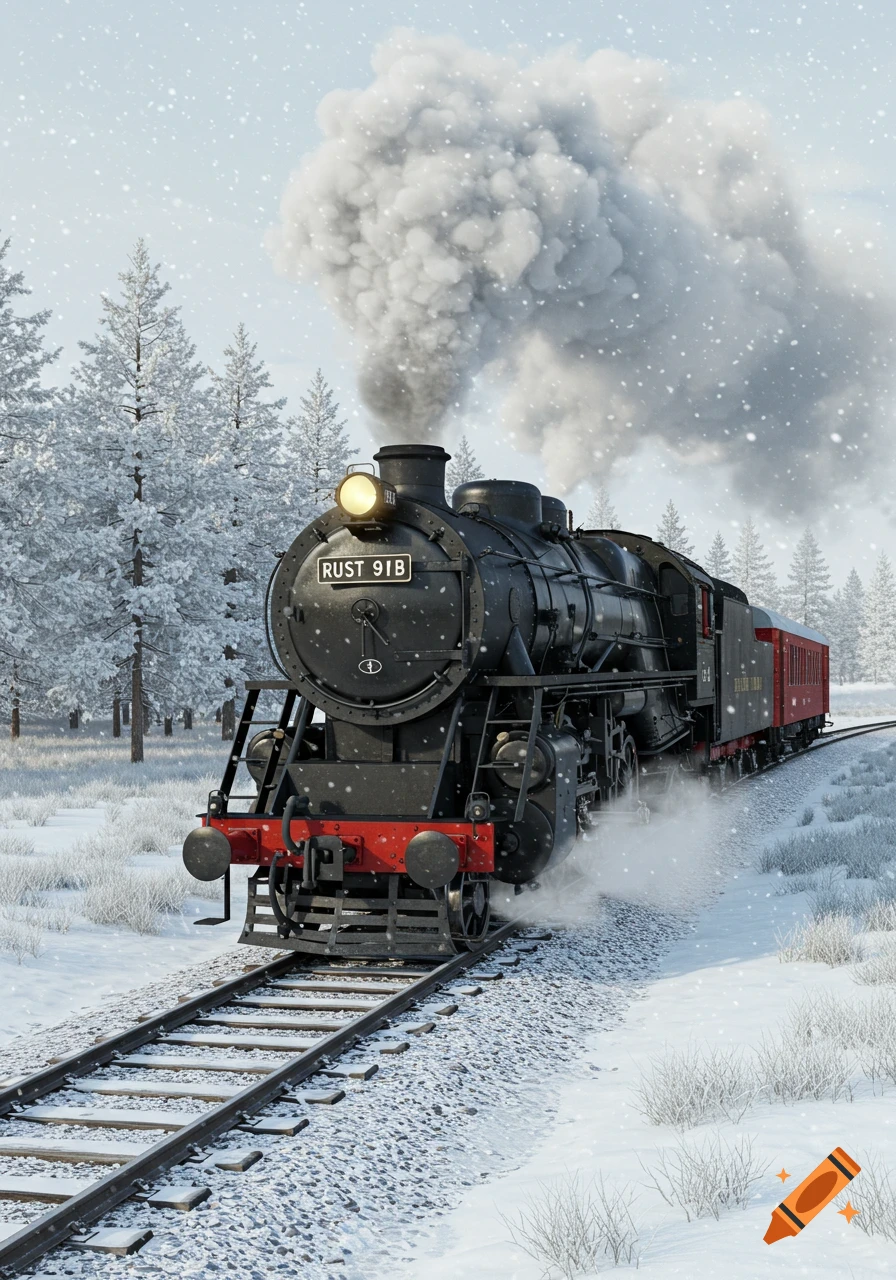 A black steam locomotive travels on tracks through a snow-covered forest during a snowfall.