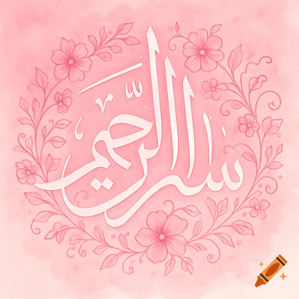 Pink and white Arabic calligraphy of Bismillah surrounded by a floral wreath in watercolor style.