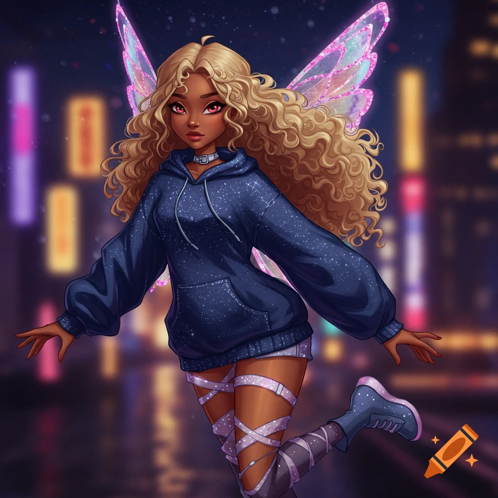 A brown-skinned fairy with blonde curls and pink wings, wearing a blue sparkly hoodie, shorts, and ribbon-wrapped boots, in an anime style against a blurred neon city background.