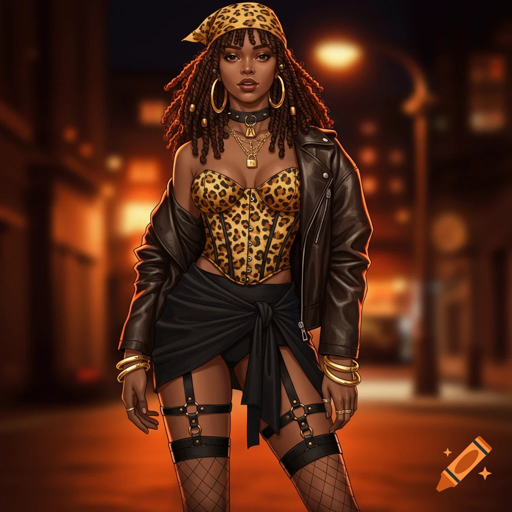 A Black woman with dreadlocks and a leopard print bandana, corset, leather jacket, short skirt, and fishnet tights stands outdoors at night.