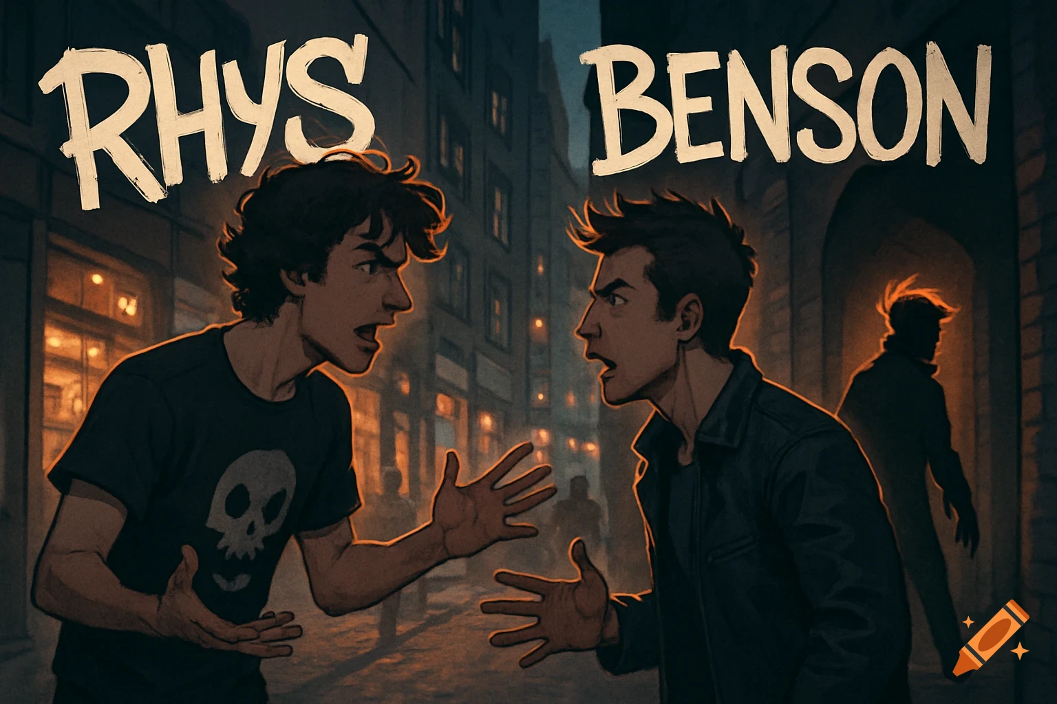 Two stylized men arguing on a city street at night, with their names 'Rhys' and 'Benson' displayed above them.