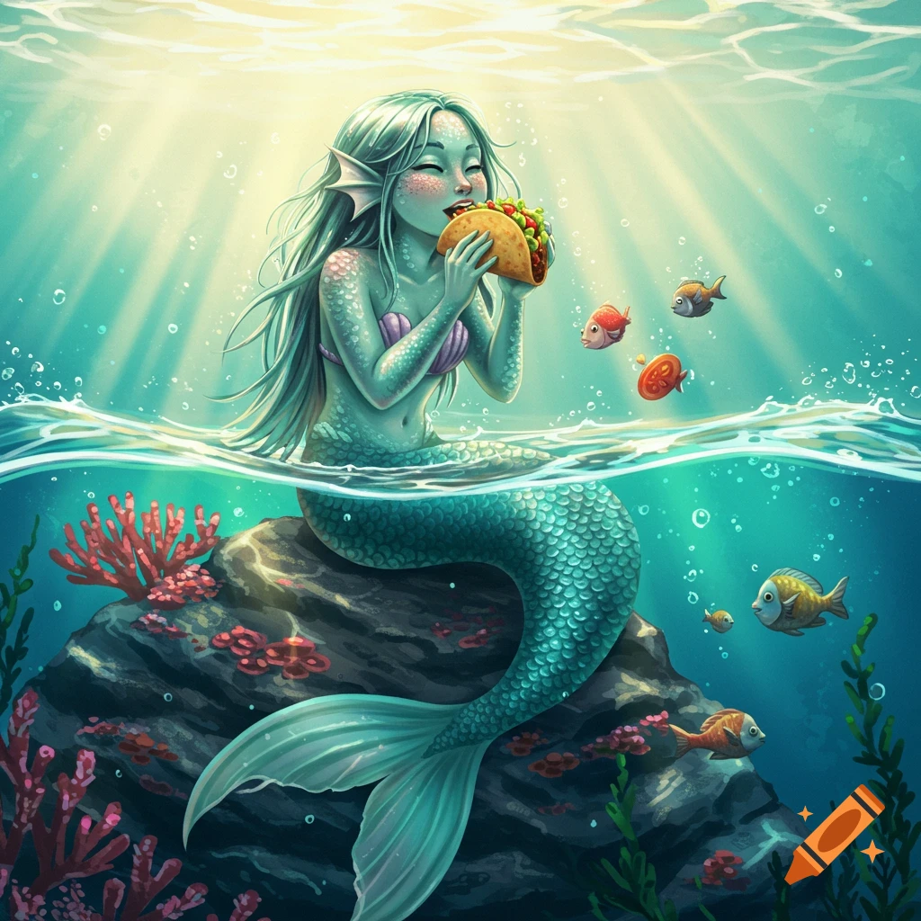 A cartoon mermaid with teal hair and tail happily eats a taco while sitting on a rock in turquoise water with sunlight streaming down.