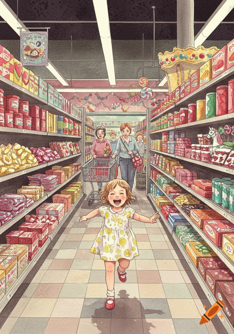 A happy child in a yellow dress with lemon patterns runs with open arms down a supermarket aisle filled with colorful products, in a watercolor illustration.