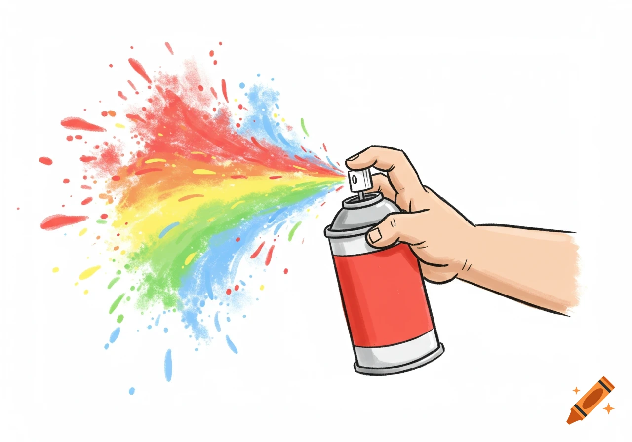 A drawing of a hand holding a red spray can, spraying a colorful rainbow of paint.