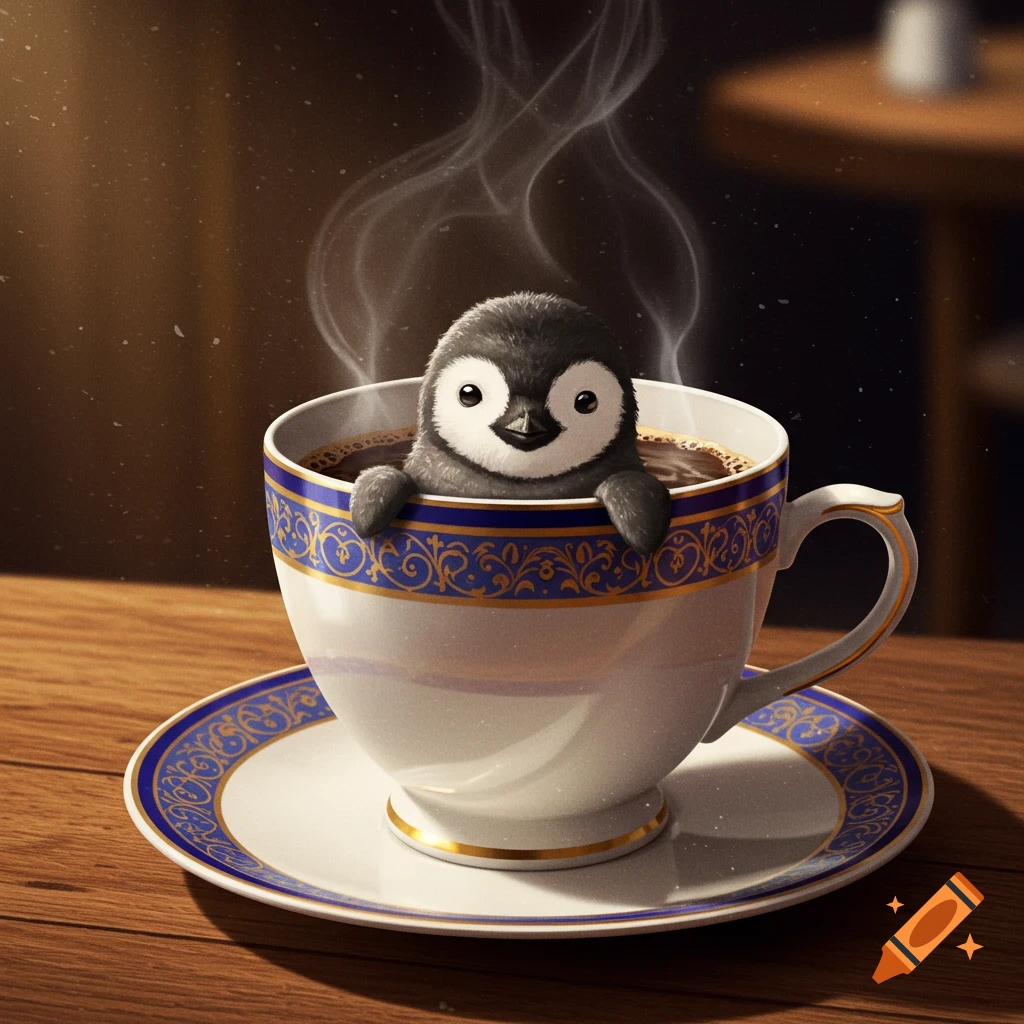 A fluffy baby penguin peeks out of a steaming coffee cup with blue and gold trim, sitting on a saucer on a wooden table.