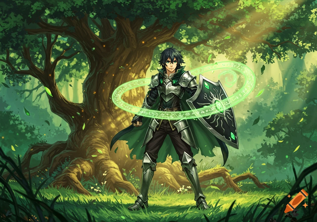 A male character in green and silver armor with a shield, surrounded by glowing green magical energy, stands in a vibrant forest.