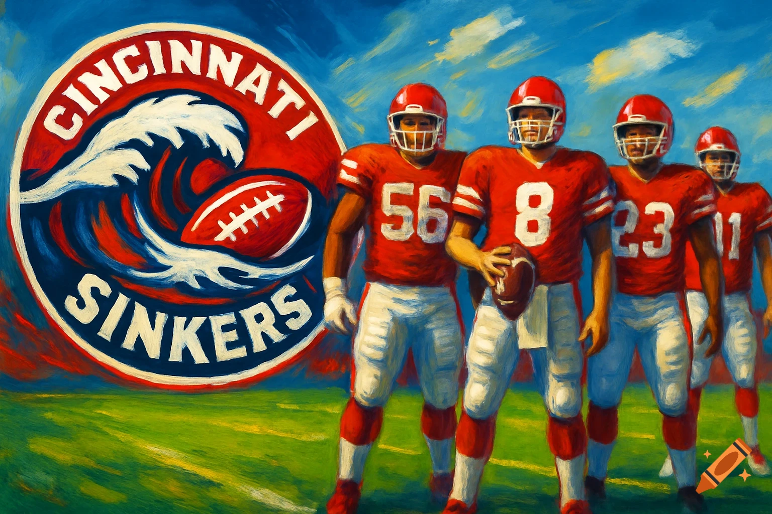 Painting of football players in red and white uniforms on a green field, with a 'Cincinnati Sinkers' logo featuring a wave and football.