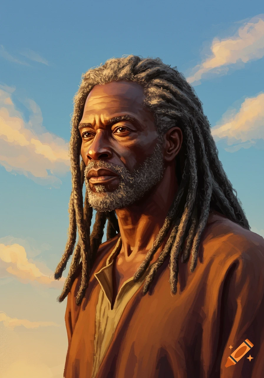 Digital painting of an older Black man with gray dreadlocks looking to the side against a blue sky.