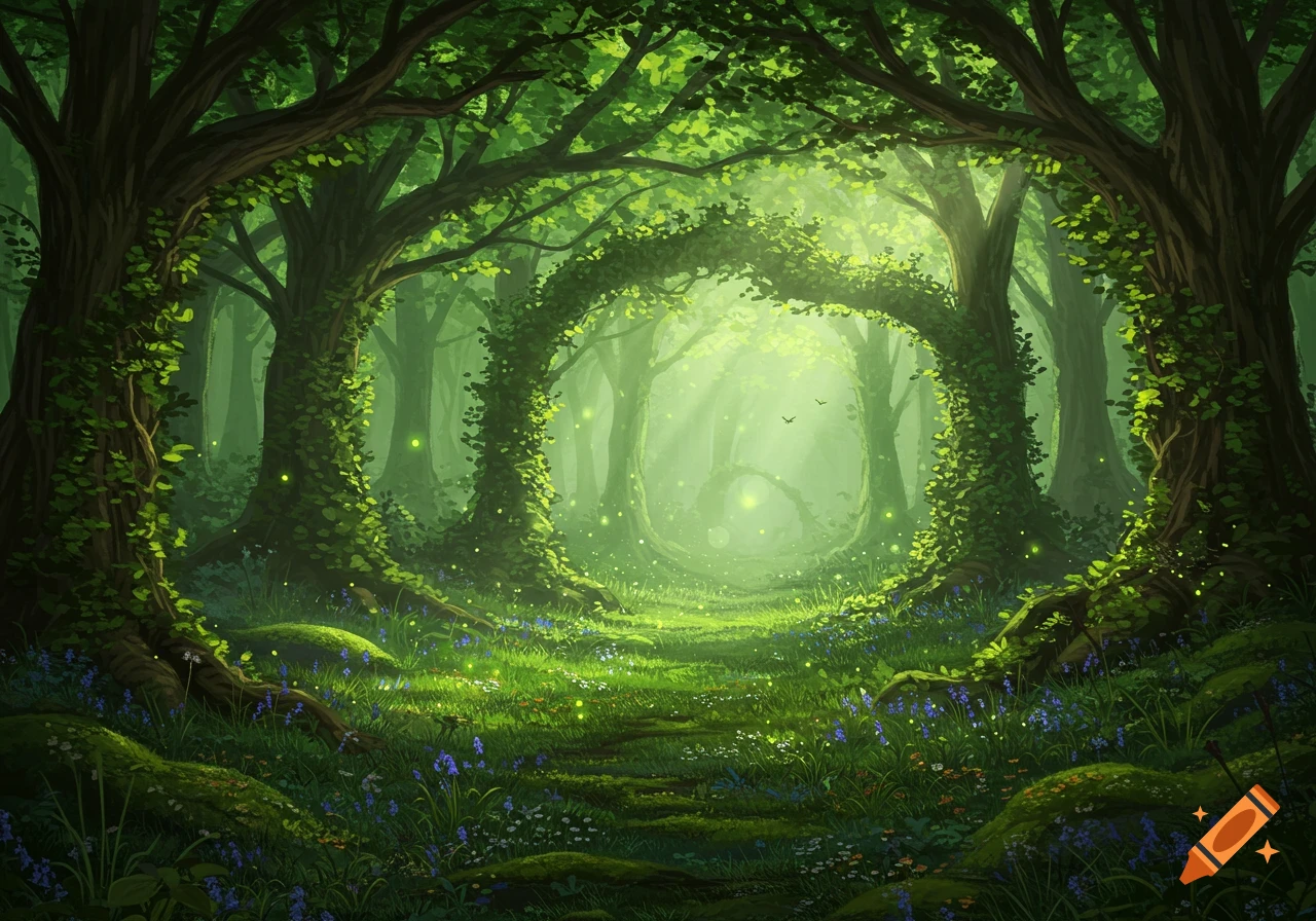 A lush, magical forest path leads through a natural archway of vibrant green trees, with glowing fireflies and sunlight filtering through the canopy.