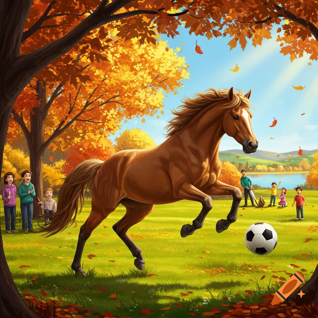 A horse plays soccer with children in an autumn park with colorful trees and falling leaves.