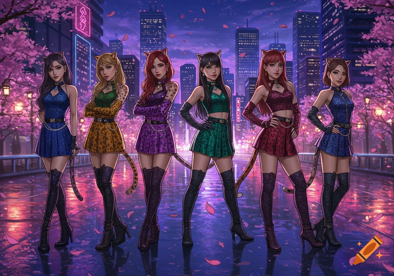 Six anime-style cat-girl characters in colorful outfits pose on a city street at night with cherry blossoms and skyscrapers.
