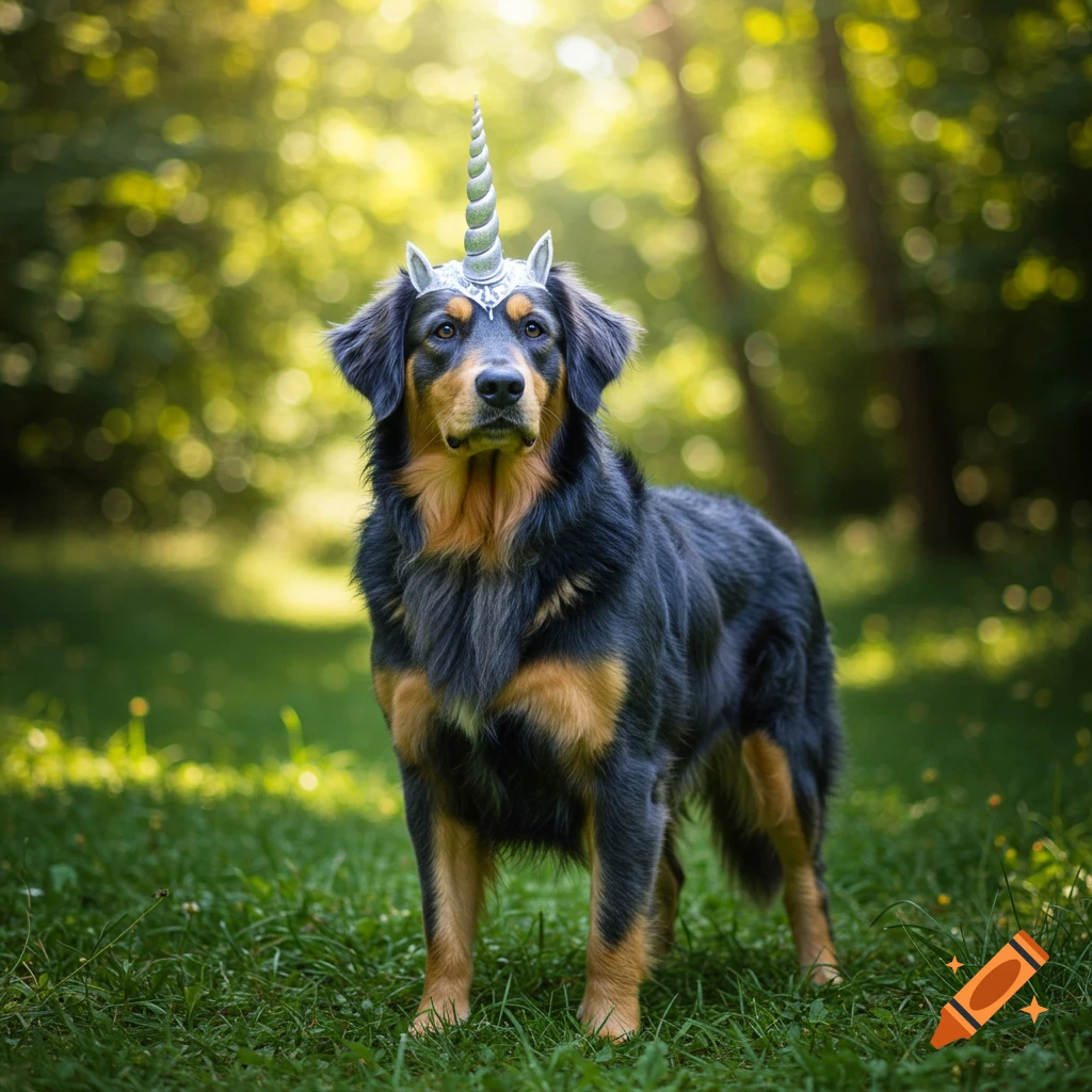 A photorealistic black and tan dog wearing a silver unicorn horn in a sunlit forest.