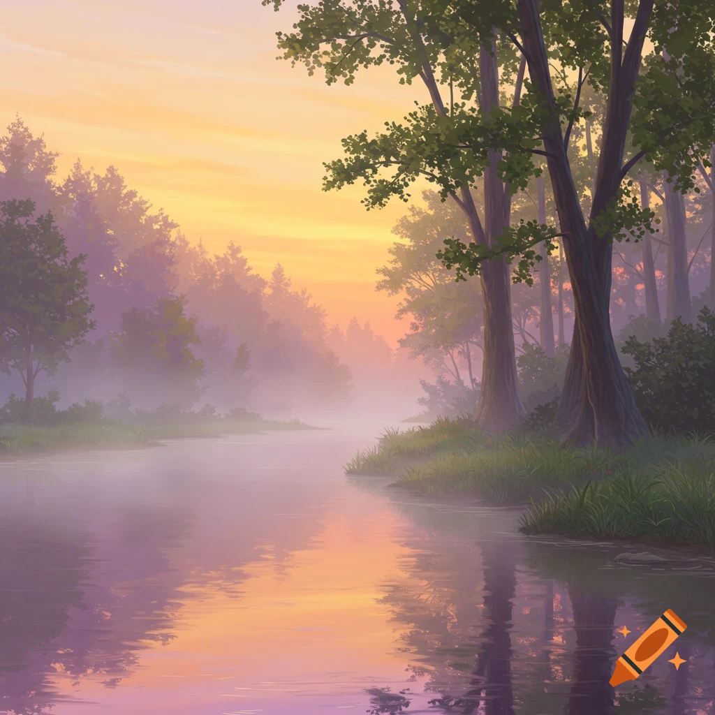 A serene river flows through a misty forest at sunrise, with colorful reflections in the water.