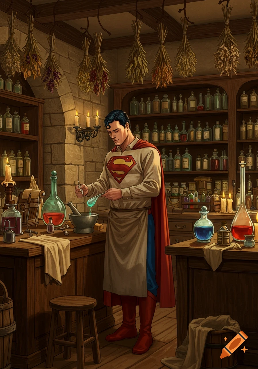 Superman in an apron mixes a potion in a mortar and pestle within a detailed, old-fashioned apothecary shop.