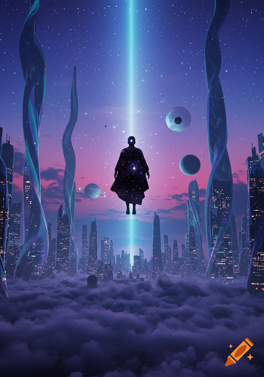 A cosmic silhouette floats over a futuristic city shrouded in purple clouds, illuminated by a blue beam under a starry, vibrant sky with planets.