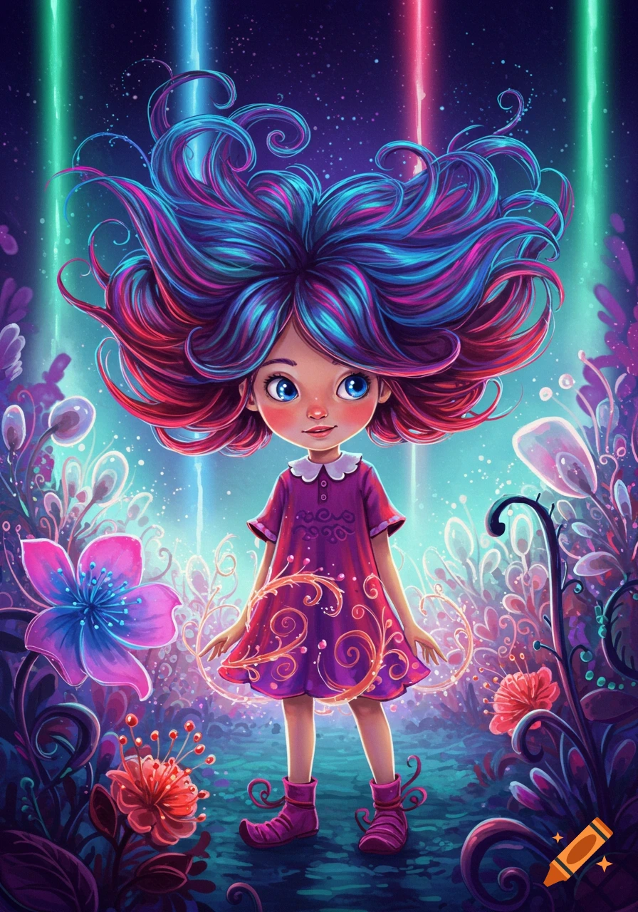 A cute, wide-eyed girl with voluminous, multi-colored blue and pink hair stands in a vibrant, glowing fantasy forest with surreal plants.